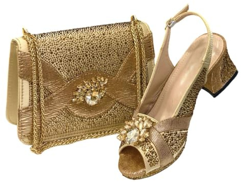 Damen Peep Toe Heel Pumps mit Diamanten 2025 Italienisch Passende Schuhe und Tasche Set für Party, gold, 39.5 EU