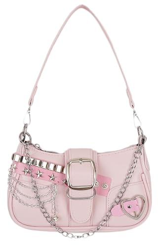 Aulenge Umhängetasche Damen Y2K Bag Handtasche Mädchen Mini Taschen Damen | PU-Material, mit Silberner Kette, mit Sternen-Nieten, Y2K Stil, Schultertasche für Party Arbeit Alltag