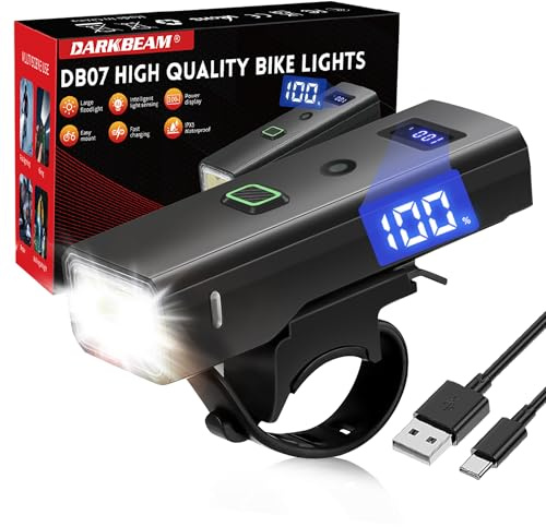 DARKBEAM Bike Light, High Lumens Super Bright Bicycle Front Headlight USB Rechargeable, Waterproof Cycling Lights 4-Mode for Night Riding, Road, Mountain, Safety, with LED Display & Light Sensor