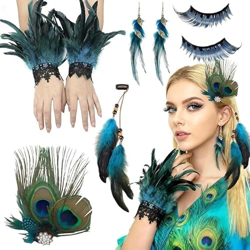 5 Stück Pfauen Kostüm Damen,Pfauenfedern Haarschmuck,Federn Kostüm,Karneval Feder kostüm Damen Mädchen,Pfau Kostüm Accessoires,für Fasching, Peacock Costume, Mottoparty, Cosplay