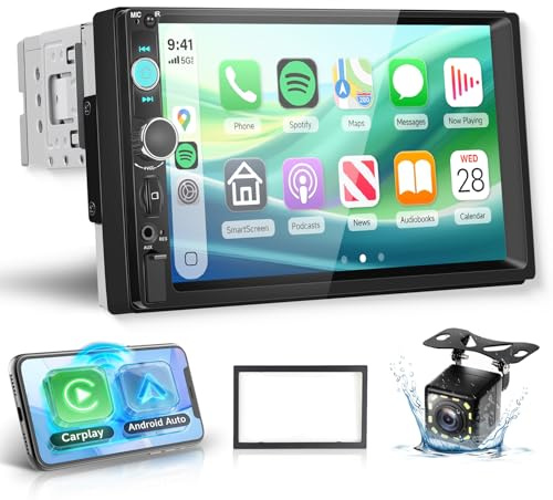 Hodozzy Autoradio 1 Din mit Drahtloses Carplay Android Auto, 7 Zoll IPS Bildschirm Auto Radio Unterstützung Bluetooth FM Radio USB/TF/AUX/Videoausgang/YouTube Rückfahrkamera