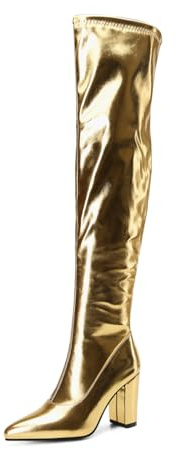 TNMIUH Stivali Donna sopra Il Ginocchio in Pelle Metallizzata, Argento e Oro, 8.5cm Tacco Largo, Stile Glamour, Festa di Moda, Sfilata di Moda, Discoteca