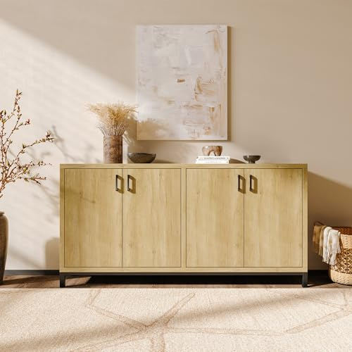 YGHQAP Commode moderne pour salon, buffet de 160 cm de large, aspect bois, avec grand plan de travail, 4 portes et pieds en métal, buffet, armoire d'appoint pour salon, salle à manger et cuisine, 160