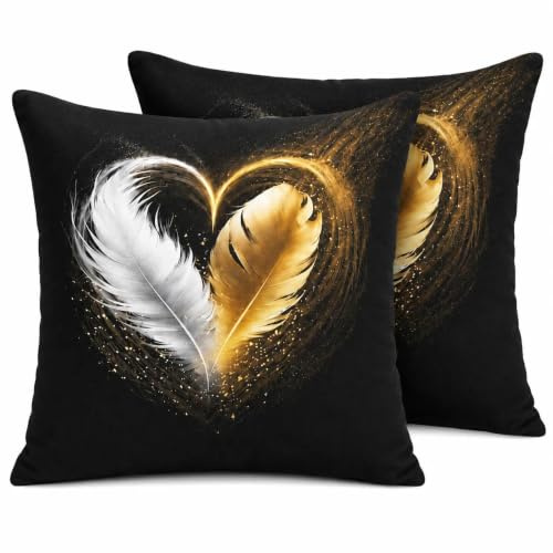 Gemdoit Kissenbezug 40x40 cm 2er Set, Dekokissenbezug Mit goldenen Federn weiche atmungsaktive Kissenhülle für Sofa Wohnzimmer Balkon Garten ohne Füllung