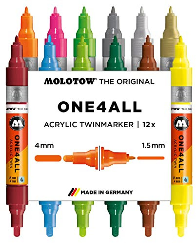 Molotow One4All Acrylic Twin Marker Main Kit 2 (Strichstärke 1,5 mm und 4,0 mm, hochdeckend und permanent, UV-beständig, für fast alle Untergründe) 12 Stück sortiert
