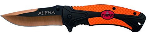 THIRD Navaja Alpha 60221O, Mango de Aluminio Bicolor Negro y Naranja con Escudo Soft Plastic. Hoja de Acero INOX de 9.5 cm Negra con Corte anodizado en Naranja. con Clip y Funda Nylon