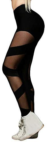 HUYURI Damen Sexy Sport Leggings, Tech Mesh Yoga-Fitness-Hose, Lange Streetwear Sporthose mit Netzeinsätzen Yogahose Laufhose Training Tights