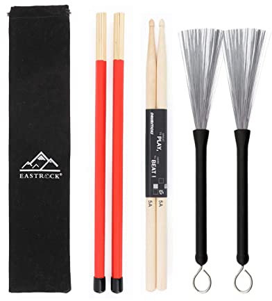 EastRock Drum Sticks Set included 5A Maple Wood Drum Sticks, Drum Wire Brushes Retractable Drum Stick Brush Drum Rods Sticks with Storage Bag