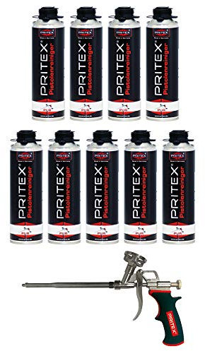 PRITEX – Set aus 9X 500 ml Pistolenreiniger + Schaumpistole – Schaumreiniger für Montagepistolen, Dosenventile & Oberflächen + Bauschaumpistole zur Verarbeitung von 1-Komponenten-Schäumen