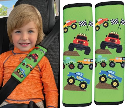 HECKBO 2x Kinder Auto Gurtpolster Gurtschutz mit Monster Truck Motiv - Sicherheitsgurt Polster für Kinder und Babys- Ideal für jeden Gurt Autositzerhöhungen Kinder Fahrradanhänger Flugzeug Jungen