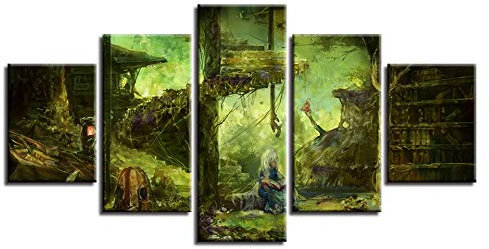 Myrdsio Kunstdrucke Gemälde 5 Teilig Leinwand Drucke,Wand Für Zuhause Malerei Wohnzimmer Wohnung Deko Modulare Bilder Kleines Mädchen Las Und Trug Holzhaus Hd Gedruckt Poster,Mit Rahmen