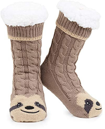 CityComfort Rutschfeste Socken Damen und Teenager in Gr. 37-41 - Kuschelsocken Damen - Sherpa-gefüttert mit Anti-Rutsch-Punkten (Braun Faultier)