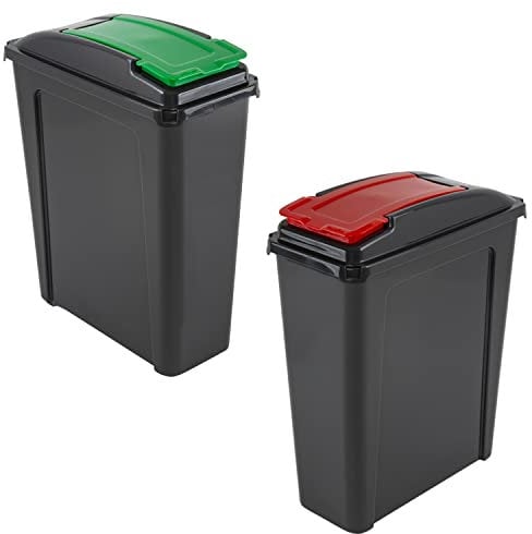 M1SS Set of 2-25L Litre Plastic Indoor Recycle Slimline Waste Bin with Lid for in the Home/Kitchen- Made in UK (Red And Green)