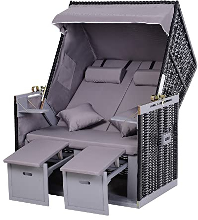 Outsunny Corbeille de Plage 2 Places Pliable - Cabine Chaise de Plage inclinable - abri Plage strandkorb - Coussins, Repose-Pieds, tablettes, Pare-Soleil - Bois résine tressée Polyester Gris