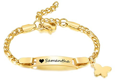 Pulseras personalizadas para barra de bebé: chapado en oro de 18 quilates de acero inoxidable con placa de identificación para niños pequeños de mamá, grabado con nombre del niño para hija, hijo