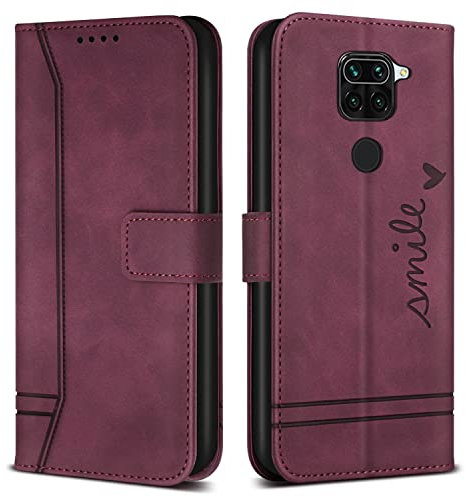 Bravoday Hülle für Xiaomi Redmi Note 9 / Redmi 10X 4G, PU Ledertasche Handyhülle Flip Schutzhülle Kompatibel mit Xiaomi Redmi Note 9 / Redmi 10X 4G, mit Kartenfäch & Kickstand, Weinrot