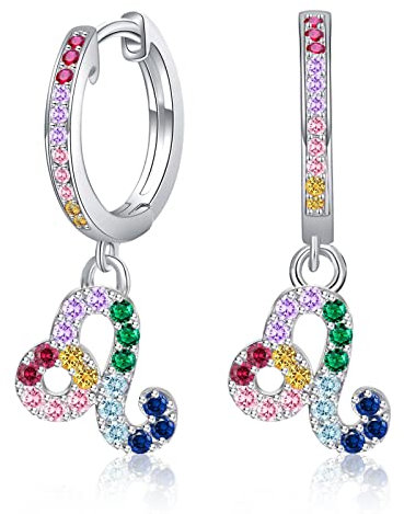 Löwe Sternzeichen Ohrringe mit Bunt Zrkonia - Qings Damen Mädchen Creolen 925 Sterling Silber Klein Horoskop Anhänger Hängend Hoops Ohrringes 12 Konstellation Sternbild Astrologie Schmuck Geschenk
