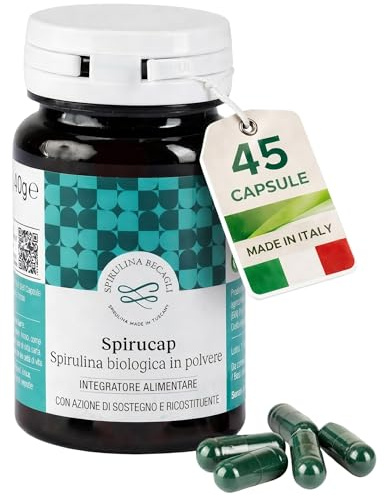 Spirulina Biologica Pura Becagli 45 Capsule - 520mg, Integratore Spirulina Dimagrante Forte 100% Vegetale, Coltivata in Toscana, Fonte Naturale di Proteine e Vitamine, Omega 3