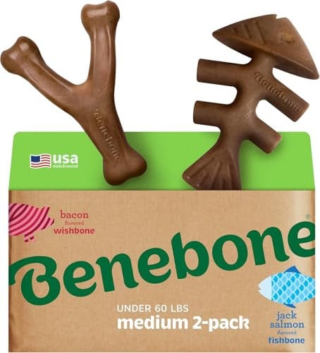 Benebone 2-Pack Indestructible Fishbone/Wishbone Dog Chew Toys, Long Lasting Tough Boredom Breaker for Dogs, Real Salmon and Real Bacon Flavour, For Medium Dogs, Made in USA