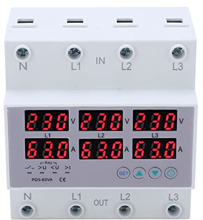 Amperometro Voltmetro su Guida DIN Trifase, Protezione da Sovracorrente da Sovratensione Automatica Regolabile da 390 a 500 V a Risposta Rapida, Display Digitale Sicuro (63A)