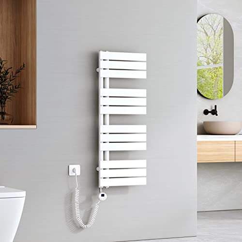 EMKE Scaldasalviette Elettrico con Elemento riscaldante termostatato,1041x400mm 400W，Pannello Asciugamano Elettrico con Asta di Riscaldamento con Timer, Bianco