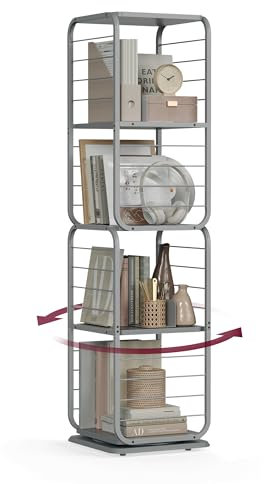 VASAGLE Bücherregal 4 Ebenen, drehbares Regal mit Buchstützen, Standregal für kleine Räume, Aufbewahrungsregal, Eckregal, Stahlrahmen, Taubengrau LLS127G36