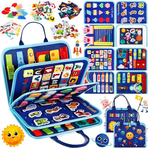 POWZOO Busy Board 9 in 1 Montessori Spielzeug,5 Schichten Kleinkinder Activity Board Motorikspielzeug,Sensorisches Lernspielzeug,für das Alter 1-6 Jährige Jungen Mädchen Geschenk (Blau)