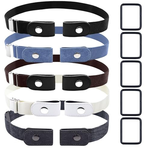Realjoy Elastischer Ohne Schnalle 5-teiliger Verstellbarer Gürtel für Damen und Herren, Schwarz, Weiß, Kaffee, Denimblau und Denim-Hanfgrau, 102 cm (40,2 Zoll)