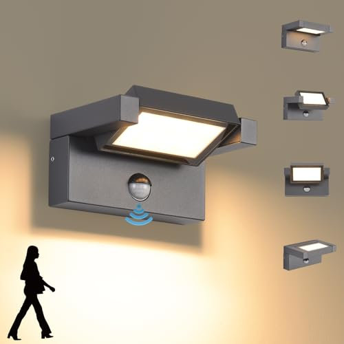 LED Außenleuchte mit Bewegungsmelder,12W Außenlampe Wand,IP65 Wasserdichte Außenwandleuchte 3000K Warmweiß Wandlampe,Wandleuchte Aussen/Innen mit 350° Schwenkbar Panel für Garten Terrasse Dunkelgrau