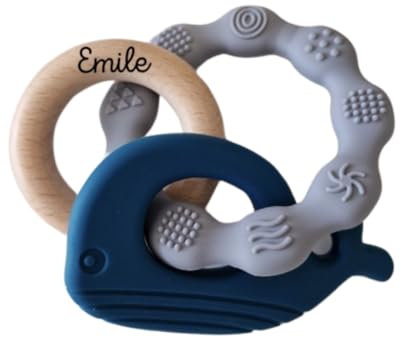 anneau de dentition personnalisé pour bébé, en silicone -jouet personnalisé - prénom au choix gravé sur le bois-accessoires d'allaitement sans BPA pour bébés de 3 mois et plus