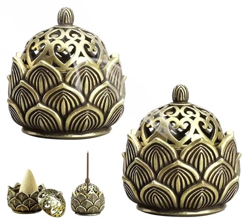 SRTSTR 2 Pièces Bruleur Encens Lotus Brûleur D'Encens en Métal Encensoir Vintage Porte-encens Portable Support Encens Baton Diffuseur Encens pour La Maison Bureau Salon de Thé Café (Bronze)