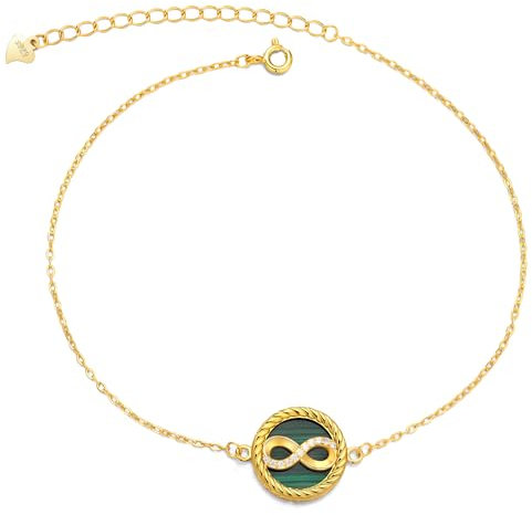 JENDEAR Damen Unendlichkeitszeichen Fußkettchen, Malachit 925 Silber Fußkette, Natürlicher Edelstein, 18K Vergoldung, Hypoallergen, Sommer Accessoire
