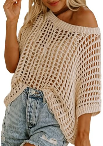 Stripped Shirts for Women Womens Summer Scoop Neck Short Sleeve Sweater Casual Crochet Hollow Out Knit Tops Pullover Shirts Beach Cover Up Western Ladies Shirts (Beige, XL)