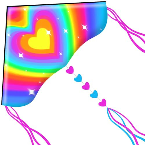 HONBO Drachen Kinder, Flugdrachen für Kinder ab 8,Großer Drachen für Erwachsene,inklusiv Drachenschnur, Delta Kite,kinderdrachen (Heart)