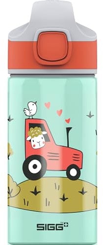 SIGG - Alu Trinkflasche Kinder - Miracle Tractor - Mit Trinkhalm - Auslaufsicher - Federleicht - BPA-frei - Klimaneutral Zertifiziert - Schule & Sport - Wassergrün & Orange mit Traktor - 0,4L