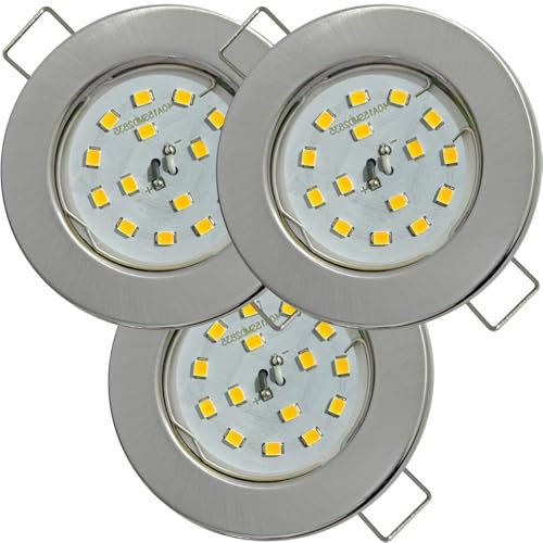 3er Set Flache SMD LED Modul Einbaustrahler | Farbe Edelstahl gebürstet | 5W | 230V | Starr | Klemmring | LED Spots für die Decke mit wenig Einbautiefe | Wohnzimmer | Küche | Schlafzimmer usw.