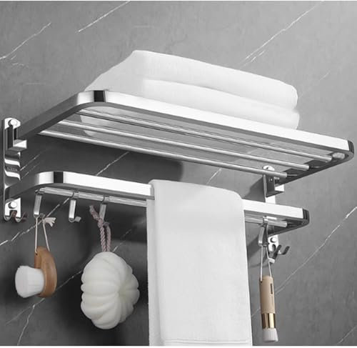 Porte Serviette Salle de Bain, Porte Serviette Murale Pliable en Acier Inoxydable avec Crochet Multifonction, pour Salle de Bain, Cuisine, Salle de Bain, Toilettes (60cm)