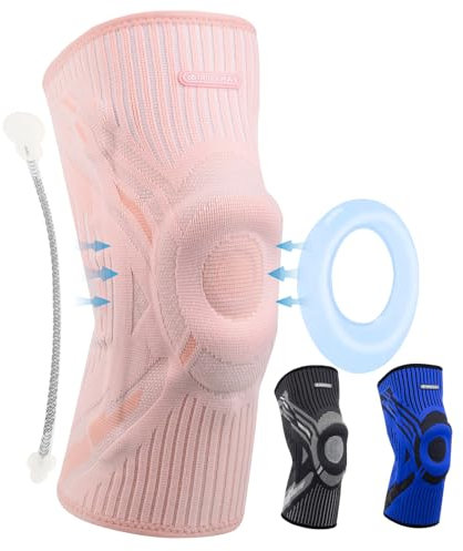 INDEEMAX Kniebandage Männer und Damen,Kompression Kniestütze mit Seitlichen Stabilisatoren & Patella-Gel Polster, Bandage Knie für Lindert Knieschmerzen, ACL, Meniskusriss, Arthritis, Rosa,M