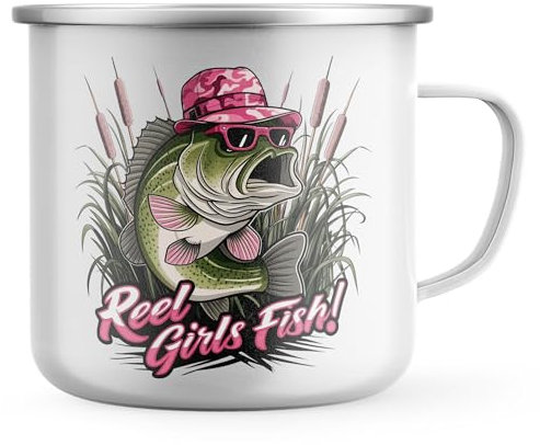 Purple Print House Reel Girls Fish Enamel Mug Womens Funny Fishing Tea Coffee Outdoor Cup Angler Christmas Stocking Filler Gift