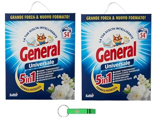 2 X General Universal Lavatrice,Lavatrice detersivo detersivo in polvere 54 lavaggi,2970 g + portachiavi Beni Culinari