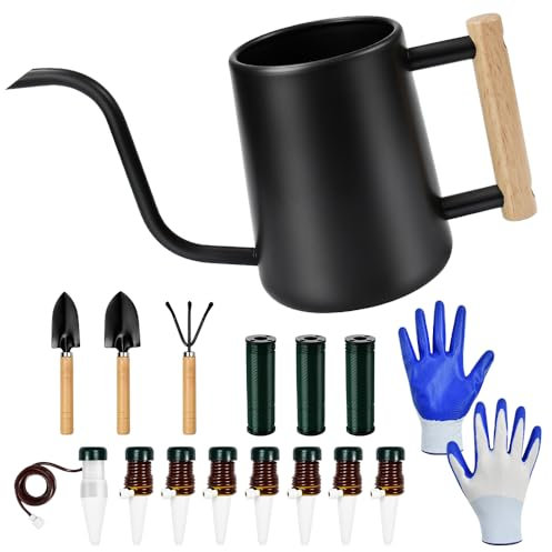 SLTAXAR Kit Outillage de Jardin, Arrosoir en Acier Inoxydable 1L 8 Irrigation Goutte a Goutte 3 Pièces Pelle de Jardin 3 Pièces Fil de Fer pour Fleurs et 1 Paire de Gants pour Potager/Balcon/Serre