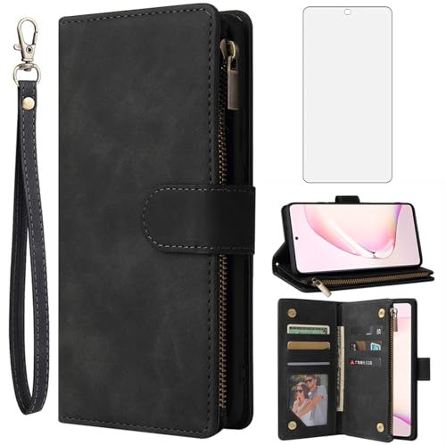 Asuwish Handyhülle für Samsung Galaxy Note 10 Lite Hülle mit Folie Schutzfolie und Kartenfach Klappbar Leder Geldbörse Ständer A81 M60S Note10 10Lite Cover Handy Hüllen Schutzhülle Phone Case Schwarz