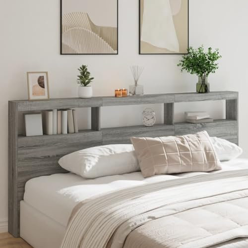 Graues Sonoma Bett-Kopfteil mit LED-Display-Regalen für Schlafzimmer, Aufbewahrung, Holz-Bücherregal, Rückwand, Bettzubehör, 220 x 17 x 102 cm