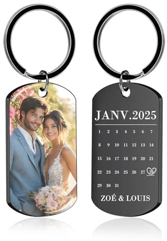 Porte-Clés Personnalisable avec Photo et Gravure Texte Double Face Porte Clef Personnalisé Cadeau pour Homme Femme Couples Amis et Famille (Calendrier Uv Noir)