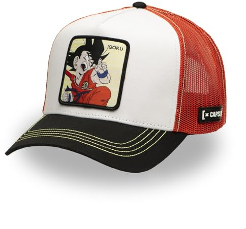 Capslab Kappe für Damen und Herren, Trucker-Kappe Dragon Ball, verstellbar durch Snapback, Weiß / Orange / Schwarz, One size