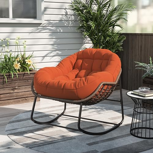 BestAlice Schaukelstuhl für den Außenbereich, mit Kissen, Schaukelstuhl aus Rattan, Lesestuhl mit Kissen aus gepolstertem Stoff, Faultierstuhl, geeignet für Veranda, Garten (Orange)