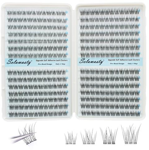 Selawasty Self Adhesive Eyelashes 336pcs Natural Lash Clusters No Glue Needed Wispy Reusable Press on Lashes Pre-Glue 9-12mm DIY Eyelash Extensions Kit Easy to Apply