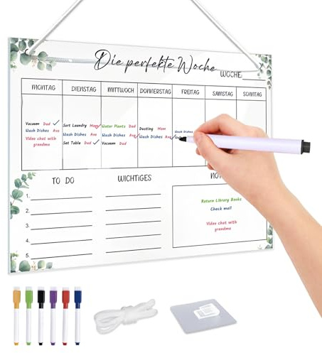 Foonary Wochenplaner Abwischbar,Essensplaner Woche aus Acryl für Haushaltsplan, 30 x 20CM Familienplaner mit 6 Whiteboard-Stift Haushaltsplaner zum Aufhängen für Memoboard auf Deutsch