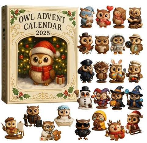 Eulen-Adventskalender 2025, 24-tägiger Weihnachtskalender –24 Geschenke mit Mini-Eulenfiguren,Einzigartige Wohndeko und Christbaumschmuck (1pcs)