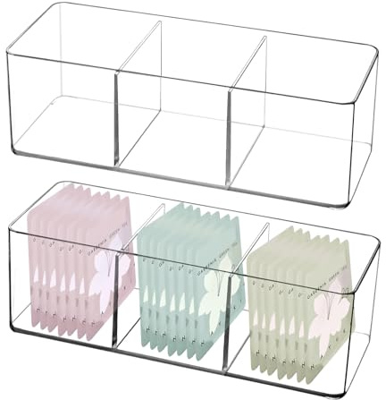 QKNOSM 2 Pack Acrylic Tea Storage Box, Clear Teabag Organizer Bins Plastic Tea Packet Organisers Storage Container for weeteners Coffee Bags (3 Compartment)